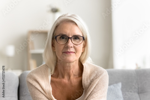 Positive blonde senior mature woman in elegant stylish glasses looking at camera, sitting on sofa indoors, posing in modern home apartment interior. Video conference call head shot portrait