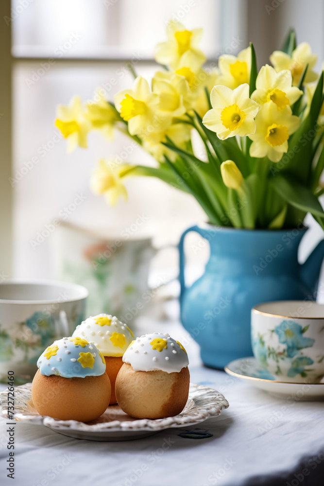 Spring flowers bouquet. Happy Easter background. Ukrainian blue and yellow Easter eggs and sweets. Spring flowers bouquet. Happy Easter background. Ukrainian blue and yellow Easter eggs and sweets.