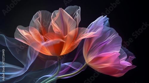 two abstract organza tulip flowers flutter in the wind on a black background