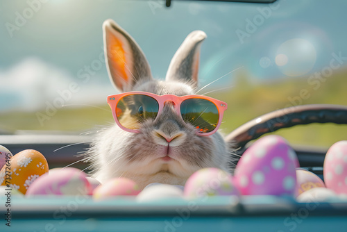 Cute Easter Bunny with sunglasses looking out of a car