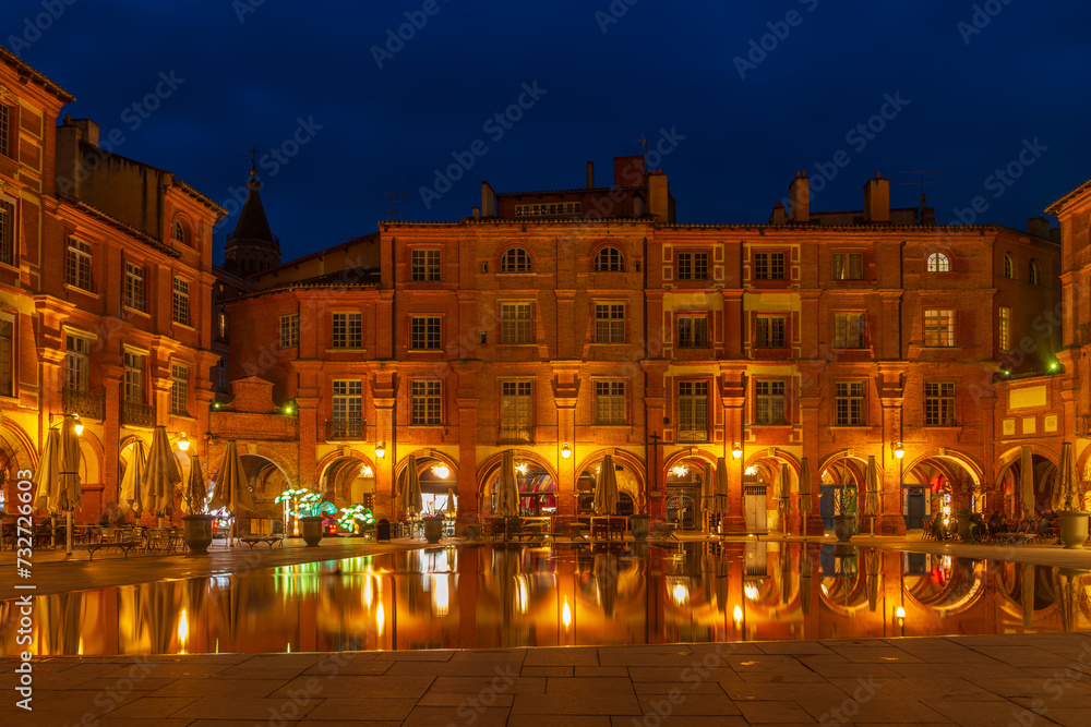 Place Nationale at night in Montauban in Tarn et Garonne, Occitanie, France