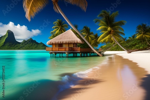 AI generated illustration of a tropical beach scene with a blue ocean and lush green palm trees