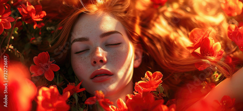 Woman resting among vibrant red flowers with eyes closed. Connection with nature.