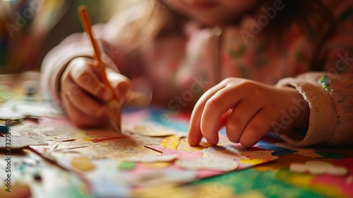 Young Child Engaged in Creative Painting Activity, Colorful Artwork with Paints and Brush
