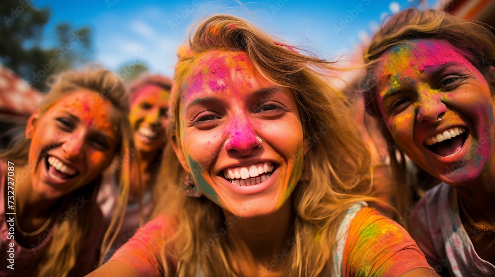 Fototapeta premium Girls at holi festival having fun with colorful powder