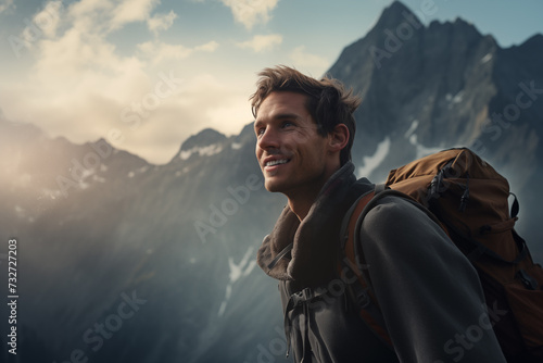 Smiling man with backpack stands on the top of mountain with beautiful rocky area at background, watching up. Closeup portrait photo