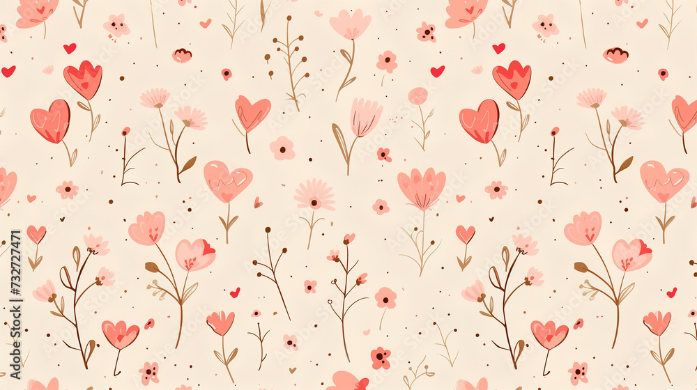 seamless pattern of small pink hearts and flowers against a beige background, background, coquette background, valentine's day background, floral background, spring seamless background - obrazy, fototapety, plakaty 