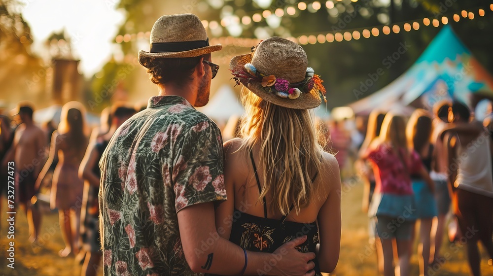 Couple enjoying outdoor festival with string lights, tents, and crowd