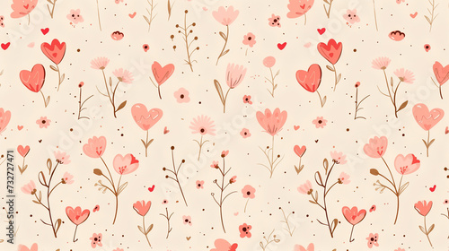 seamless pattern of small pink hearts and flowers against a beige background, background, coquette background, valentine's day background, floral background, spring seamless background