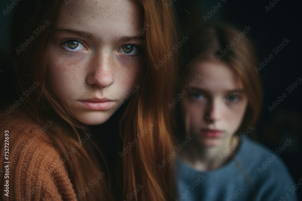 Close up sad caucasian teen girl with long hair looking at camera, problems of adolescence, conflict between teenagers Close up sad caucasian teen girl with long hair looking at camera, problems of adolescence, conflict between teenagers
