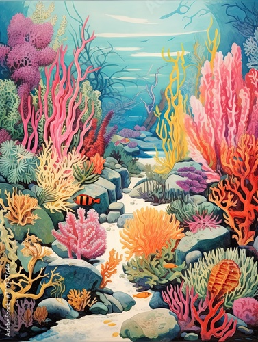 Vibrant Coral Reef Seascape Art Print  Vintage Wall Decor Explorations