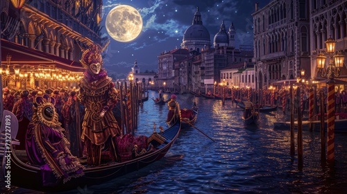 A grand Venetian carnival scene, elaborate masks and costumes, gondolas on the canal under moonlight. Resplendent. © Summit Art Creations