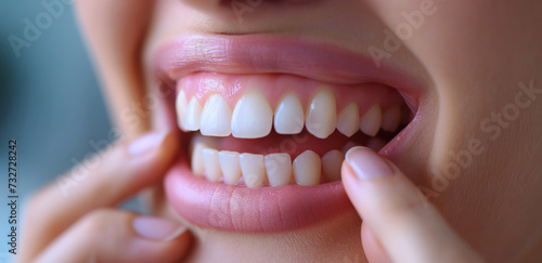 A close-up image captures the detail of a smiling mouth, highlighting well-maintained teeth and healthy gums, emphasizing the importance of dental care and hygiene
