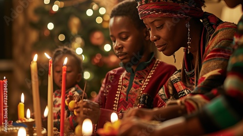 Family of four celebrating Christmas with candles and tree