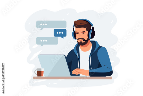 Customer service concept. Man with headphones and microphone with laptop. Support, assistance, call center. Vector illustration. Flat style