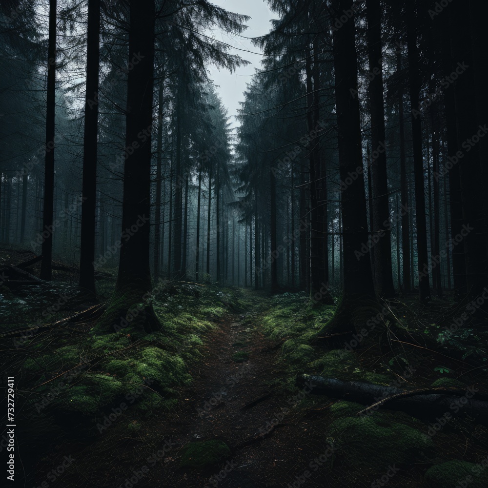 Fototapeta premium Dark forest in autumn fog