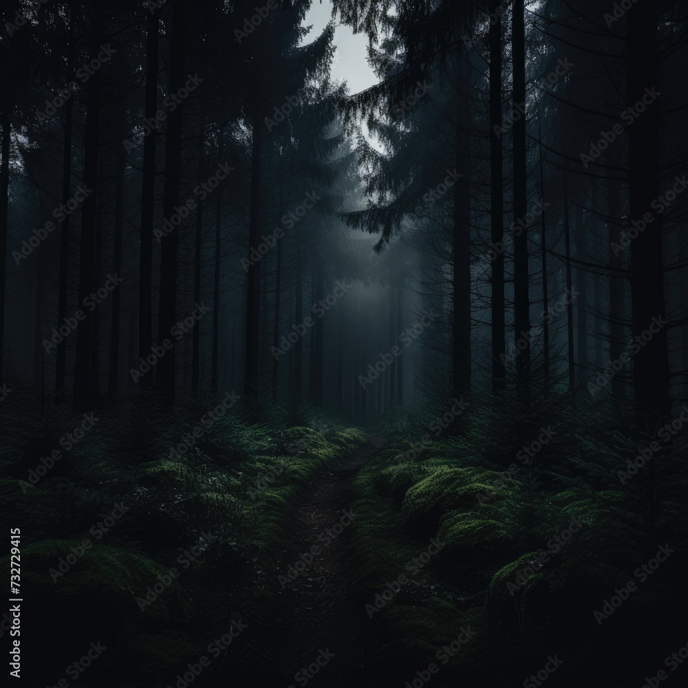 Naklejka premium Dark forest in autumn fog