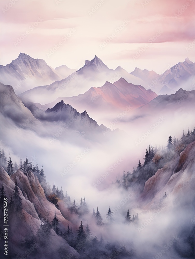 Dawn Mist: Nature's Enveloped Peaks in a Painting