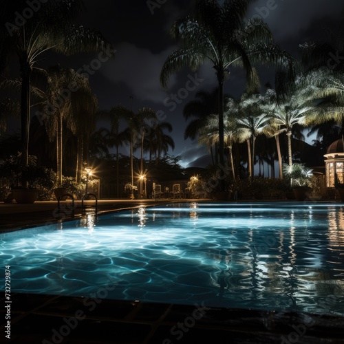 The pool is illuminated at night