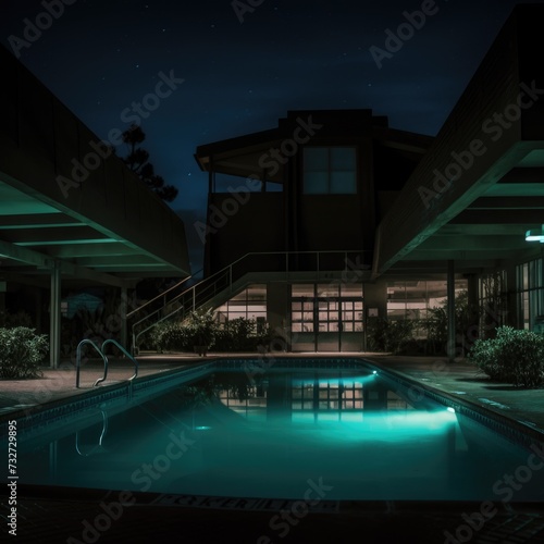 The pool is illuminated at night