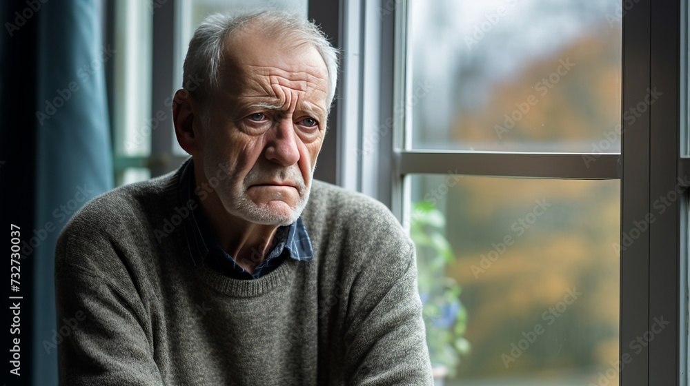 Fototapeta premium Senior man sitting alone near window. He feel depressed lonely. Mental health concept.