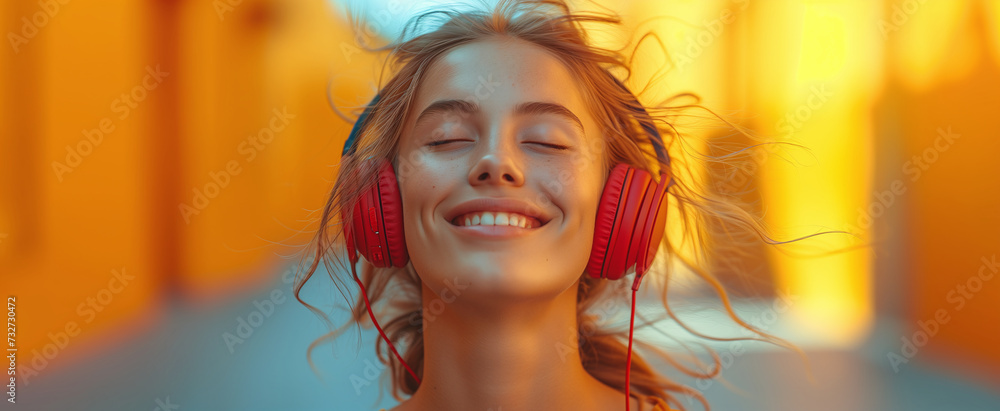 Pop up portrait of a young woman listening to music outside with red headphones.