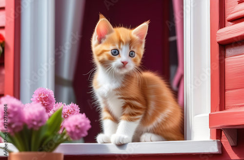 A red cat lies on the windowsill of a pink house, blurred background, pots of flowers on the window