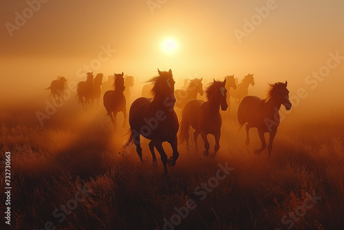 A group of horses in the field in the evening sun.
