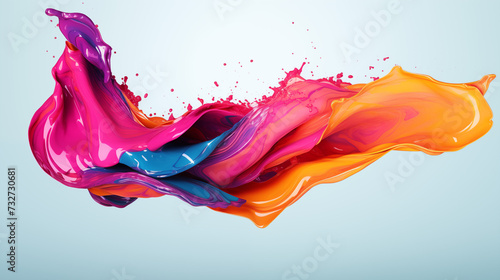 Kolorowe chlapnięcia farb akrylowych na jasnym tle - plamy cieczy w odcieniach pomarańczowych, różowych, fioletowych i niebieskich. Tęcza © yeseyes9