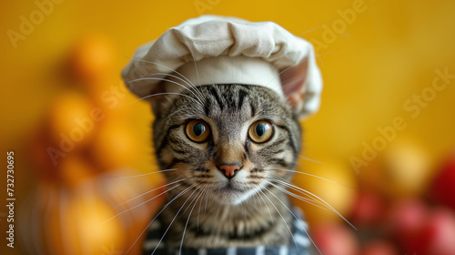 Portrait of a tabby cat wearing a chef's hat.