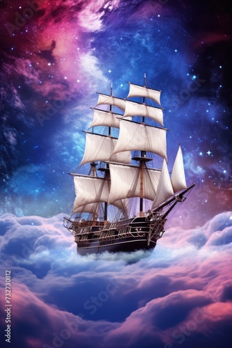 The ship sails through the beautiful cosmic clouds
