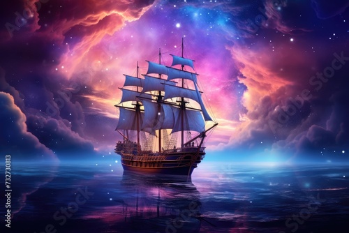 The ship sails through the beautiful cosmic clouds