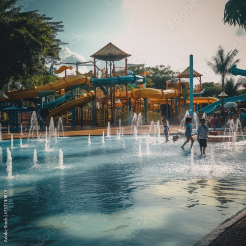 Wallpaper Mural Water park, bright multi-colored slides with a pool. A water park without people on a summer day. Torontodigital.ca