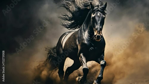 a thoroughbred black horse, smoke and dust rising in the background. Freeze frame. Generative AI photo
