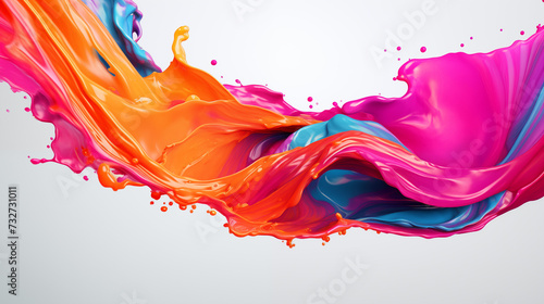 Fototapeta Kolorowe chlapnięcia farb akrylowych na jasnym tle - plamy cieczy w odcieniach pomarańczowych, różowych, fioletowych i niebieskich. Tęcza