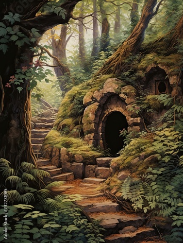 Enchanted Elven Hideaway  Vintage Forest Landscape in Magical Scenic Prints