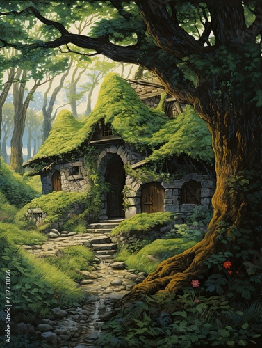 Enchanted Views: Elven Forest Hideaway - Vintage Painting, Scenic Prints