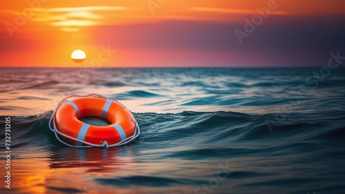 Orange life preserver floats on the sea against the backdrop of the sunset. Generated with AI