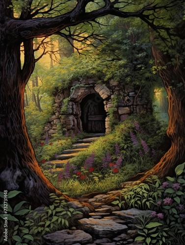 Elven Hideaways Scene: Forest Magic - Vintage Painting, Woodland Art Print