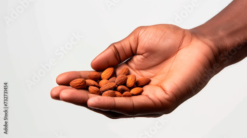 close-up photo of a hand holding a handful of almonds