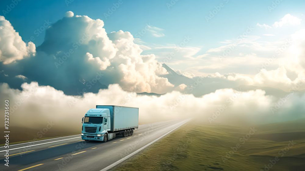 A white truck drives along a highway winding through A white truck drives along a highway winding through