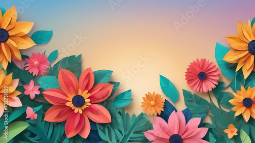 summer border with paper cut fantasy flowers  leaves  isolated