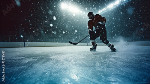 Dynamic close-up of a hockey player in action during a night game with stadium lights illuminating the rink.