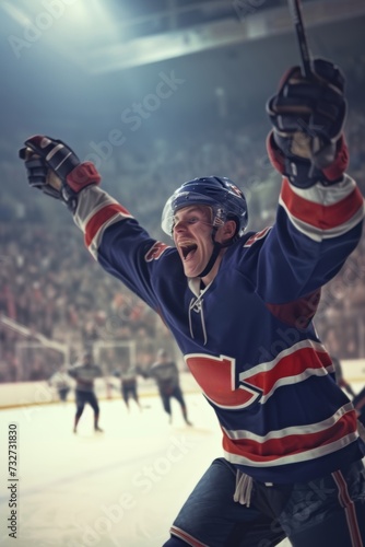 Ecstatic hockey player celebrating a goal with arms raised in a packed arena. © Artsaba Family