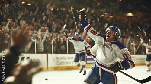 Ecstatic hockey player celebrating a goal with arms raised in a packed arena.