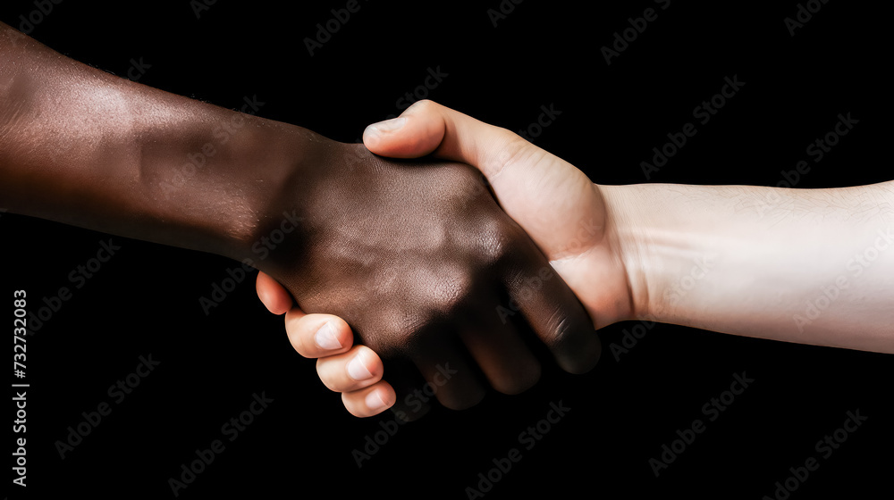 A white womans hand and a black mans hand clasped in a handshake A white womans hand and a black mans hand clasped in a handshake