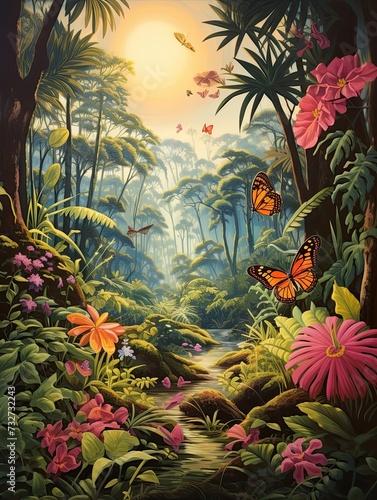 Enchanted Groves  Vintage Landscape Nature Artwork with Butterfly Scene