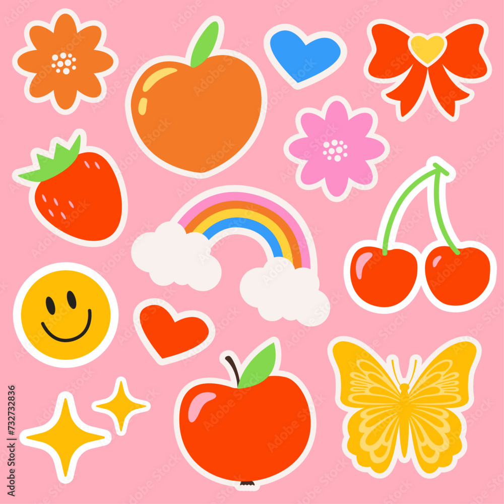 Retro 70s hippie stickers, groovy elements. Cartoon rainbow, flowers, apple, butterfly, peach, sparkle, cherry and hearts. Vector set of cool retro stickers. Flat design. Patches, labels, tags, stamps