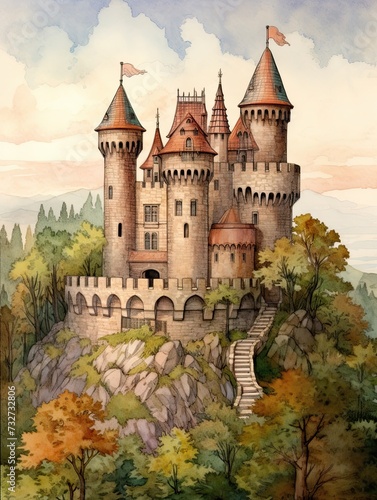 Fairytale Castle Turrets - Vintage Print of Medieval Landscape for Stunning Wall Art