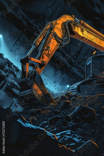 Artistic rendition of an excavator in a futuristic, cyberpunk-inspired environment.
